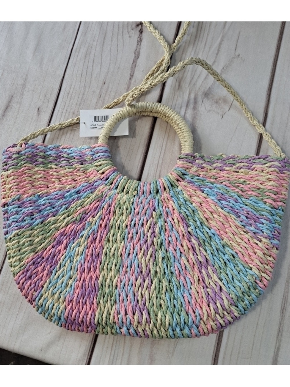Woven Pastel Multi-Color Straw Half moon Tote Bag with Round Handle